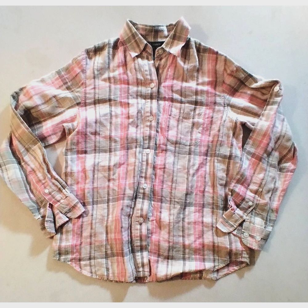 LAUREN RALPH LAUREN MEDIUM PINK PLAID FLANNEL PRINT LINEN LONG SLEEVE BUTTON UP